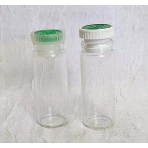 2 Robins Glass Bottle Pharmacy Apothecary Vial Green Lid Prescription Vtg Prop